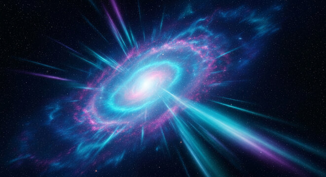 Bright cosmic nebula in dark space with shining stars and radiant light beams, representing cosmic event, universe expansion, celestial phenomenon