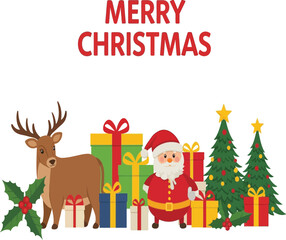 Festive christmas greeting card featuring santa claus, a reindeer, christmas trees, presents, and holly, isolated on white background, conveying holiday cheer and warmth