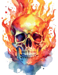 Skull burning in fire, hellfire, watercolor work.