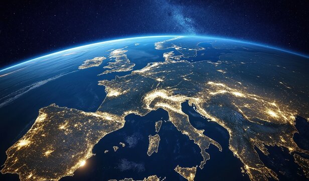 The earth seen from space highlighting Europe with lights glowing at night showcasing global connectivity through modern technology