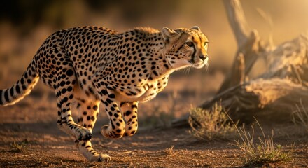 Naklejka premium Cheetah running in a wild savanna landscape during golden hour. Wildlife power and speed concept for nature conservation and adventure travel.