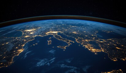 Breathtaking view of the earth at night with lights glowing in European cities and global lighting on the horizon