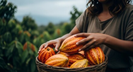 Woman harvesting cocoa pod. Female farmer collecting fresh cacao fruit in a basket from a tree. Sustainable agriculture and food production concept.