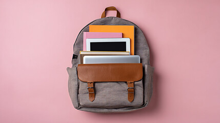 Student backpack open with textbooks, notebooks, and a laptop visible on a pink background, showcasing educational materials and modern learning tools for academic success