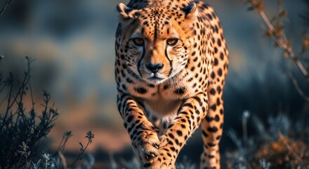 Powerful cheetah in motion with intense stare. Wild animal portrait in natural habitat. Dangerous wildlife predator for nature documentary.
