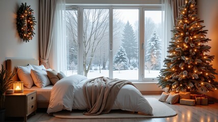 decorated room for winter holidays with a large window, a Christmas tree and white bed near it
