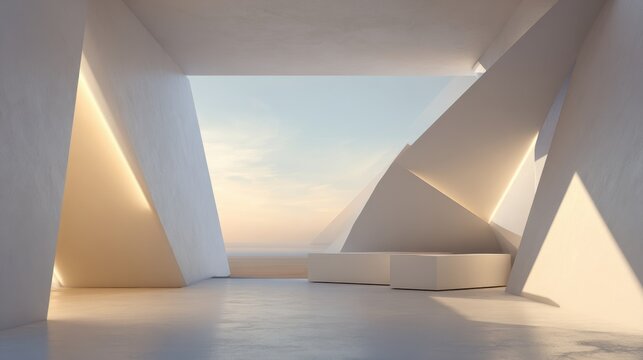 Unique architectural space with sharp angles gentle lighting and peaceful sea view in tranquil evening hours.