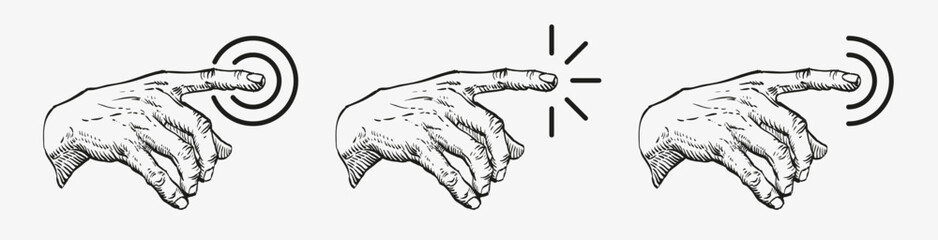 Vintage hand gesture icons showing tap, click and touch actions. Perfect for UI design, branding, posters, packaging and retro digital interfaces.