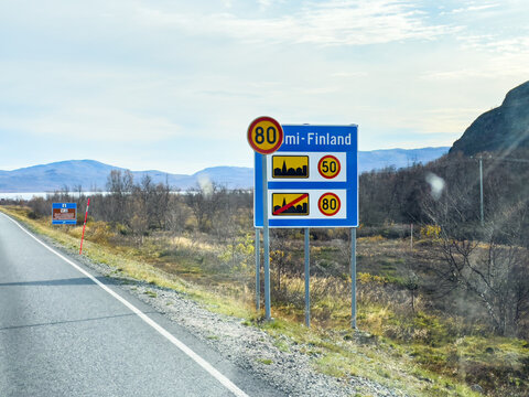 Speed limit road sign near finland border, important information for drivers approaching the border