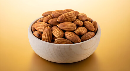 Almonds in wooden bowl isolated on white background
