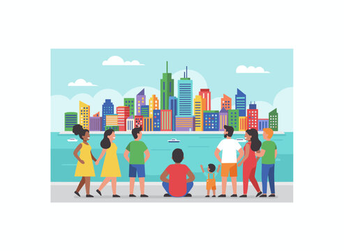 A colorful flat vector cartoon depicts a crowd of adults and children at the waterfront admiring a modern city panorama, with men and women gazing at the megapolis skyline
