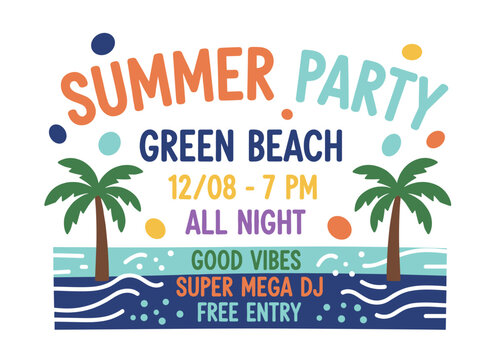 Seasonal web banner design featuring tropical palm trees, paint stains, blots, and scribbles for an outdoor summer dance event, illustrated as a vector for promotional advertising