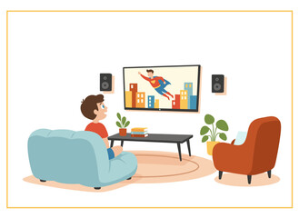 A young boy sits on the floor, watching a superhero or action movie on a TV set, enjoying home entertainment for kids in a colorful flat cartoon vector illustration