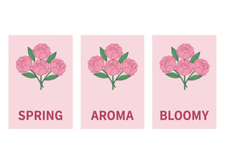 Set of botanical posters featuring blooming flowers, vintage-style floral card designs with peony blossoms, elegant postcards with gorgeous garden plant backgrounds, all illustrated in hand‑drawn