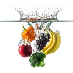 Fruits and vegetables falling into water with splash food healthy isolated on white