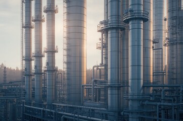 Golden light illuminates futuristic absorption towers symbolizing innovation and environmental progress