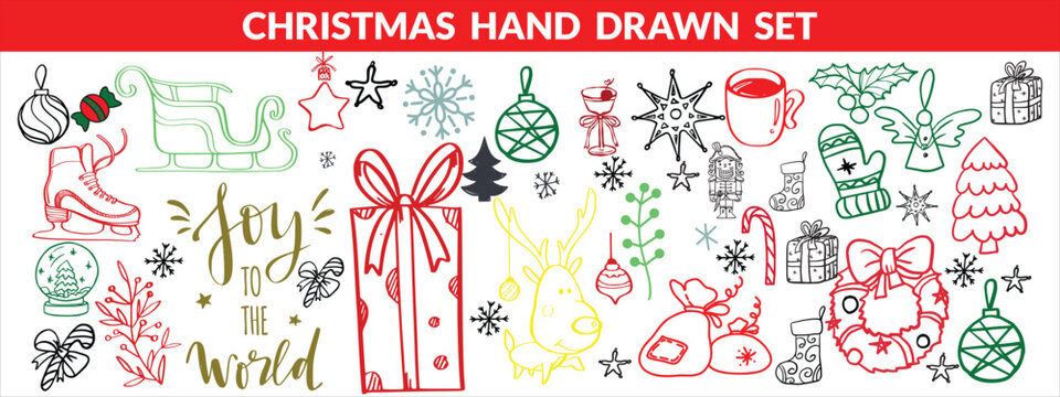 Christmas hand drawn set.Christmas hand drawn cute vintage doodle elements. Christmas tree, gift, star, bows, candy cane, baubles, cacao, confetti, snowflake, holly. Holiday retro decorations. Vector 