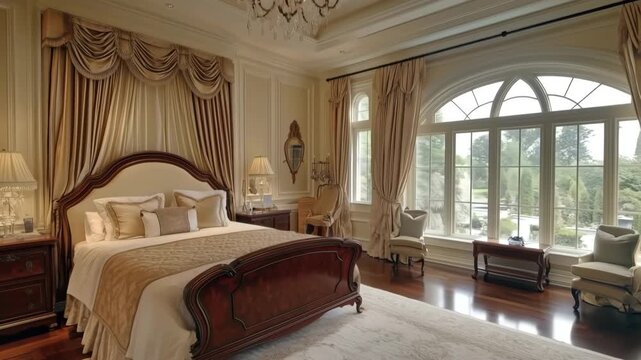 Luxurious Queen Anne bedroom with elegant decor, featuring a large bed, ornate curtains, and a beautiful window view