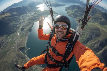 A joyful paraglider confidently soars above sunlit mountains and reflective pond in radiant freedom