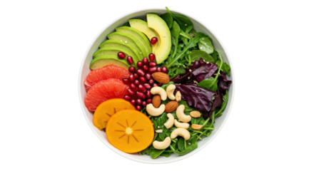 Meticulously arranged, ultra-detailed vegan salad bowl with pomegranate, avocado, and pink grapefruit in a white ceramic vessel against a seamless high-key background, concept of clean studio food