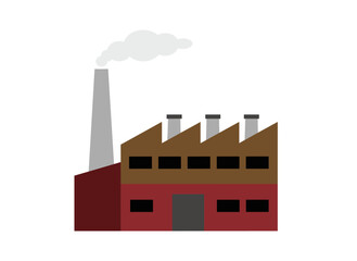 Obraz premium A contemporary factory with a smoke-emitting pipe stands alone against a white backdrop, depicted as a colorful flat-style cartoon illustration of modern industrial architecture