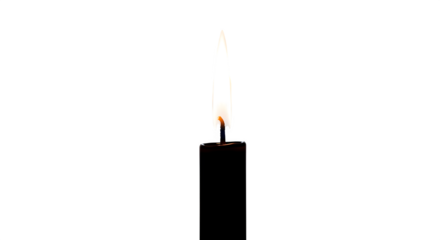 Closeup of a black candle with a bright flame burning, creating a warm and inviting ambiance isolated on transparent background