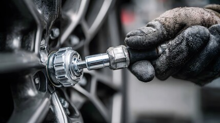 Mechanic's hand using a tool to work on a car wheel