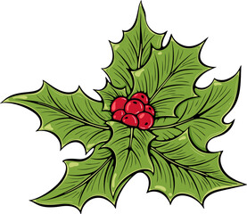 Christmas holly branch with red berries and leaves. For card, sticker, holiday decoration. Simple vector color illustration with outline in hand drawn style isolated on white