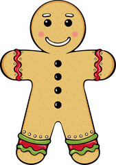 Christmas gingerbread man cookie, decorated with icing details. Symbol of holiday baking for sticker, card. Simple vector color illustration with outline in hand drawn style isolated on white