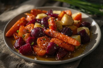 Earthy elegance revealed through roasted roots glistening beneath soft afternoon sunlight