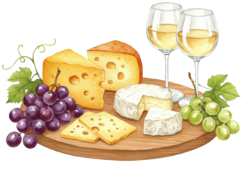 detailed watercolor illustration, flat lay view, showing aged cheddar, soft brie, and gruyère cheese slices with grapes and two stemmed glasses of white wine. concept for luxury appetizer tasting