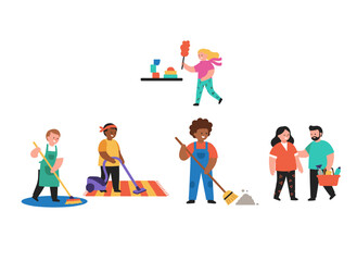Fototapeta premium A flat cartoon vector illustration featuring smiling male and female cleaning staff, including home cleaners or housekeepers, holding floor polishing machines, mops, and wipers, all isolated against