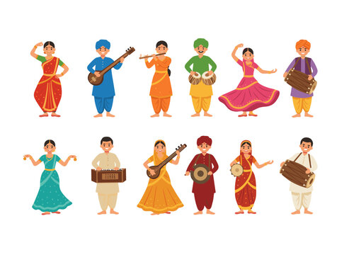 A collection of vector flat illustrations featuring Indian street cartoon artists, depicting smiling musicians and dancers in traditional attire playing instruments against a white background
