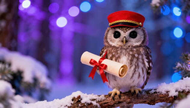 A cute Christmas owl in a red hat holding a scroll in a snowy winter forest. Whimsical messenger bird delivering a holiday message. Magical fantasy scene with bokeh lights
