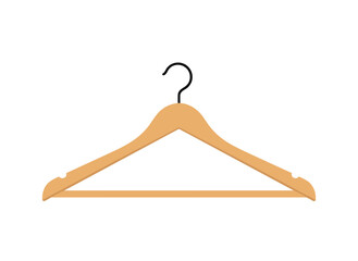 Wooden hanger with hook, an empty wooden accessory for storing and hanging apparel, suitable for a cloakroom or closet, depicted as a flat vector illustration on a white background