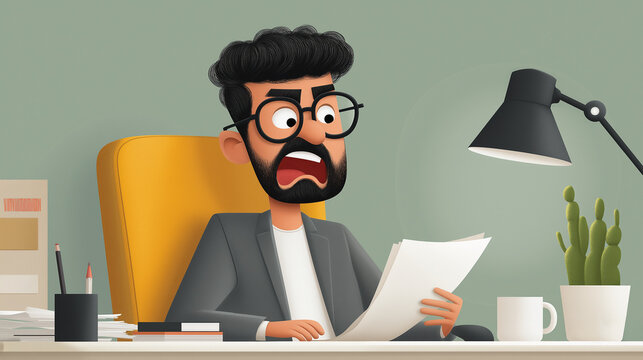 Shocked cartoon businessman boss reading document at office desk with open mouth and glasses, surrounded by office supplies