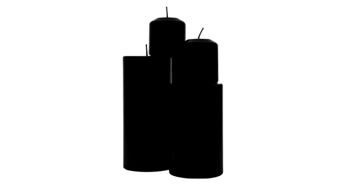 Three black pillar candles of different sizes standing together isolated on transparent background creating a simple and elegant composition