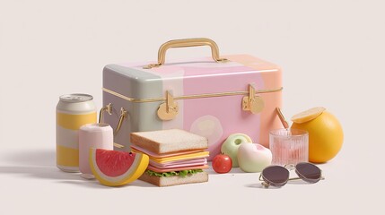 Delicious picnic spread with sandwich, fruit, soda, and stylish sunglasses arranged around a colorful lunchbox for a fun, summery vibe
