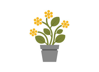 A potted indoor plant featuring blooming flowers and foliage, displayed as a decorative element with blossoming buds, rendered as a flat vector illustration against a white background