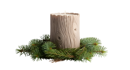 Rustic candle with wood texture surrounded by green pine branches isolated on transparent background creating a cozy and natural atmosphere