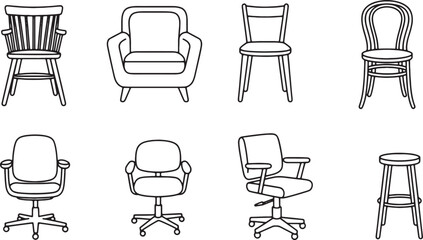 Set of different types of chairs and seats line art collection
