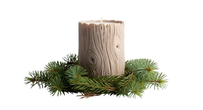 Rustic candle with wood texture surrounded by green pine branches isolated on transparent background creating a cozy and natural atmosphere