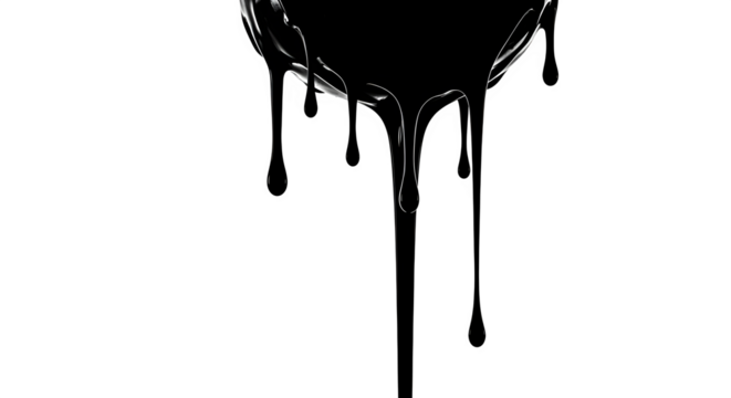 An abstract black liquid dripping with a dynamic flow, isolated on transparent background