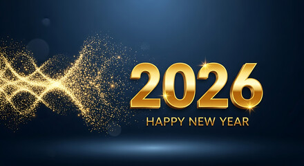 Golden 2026 happy new year celebration with sparkling light trails