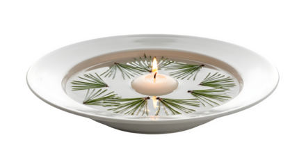 Floating candle in a bowl of water with pine needles isolated on transparent background, creating a serene and peaceful ambiance