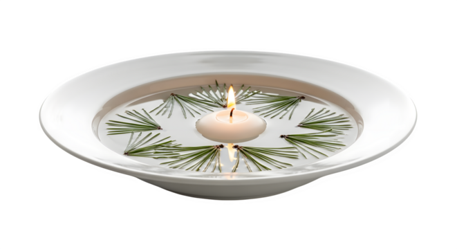 Floating candle in a bowl of water with pine needles isolated on transparent background, creating a serene and peaceful ambiance
