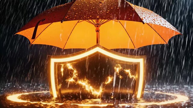 Golden Protection Shield Under Umbrella in Rain - A glowing gold shield sits under an umbrella in the pouring rain.