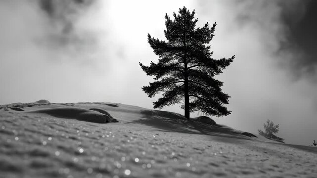 Lonely pine tree standing on snowy hill with dramatic overcast sky - Concept of Christmas New Year  