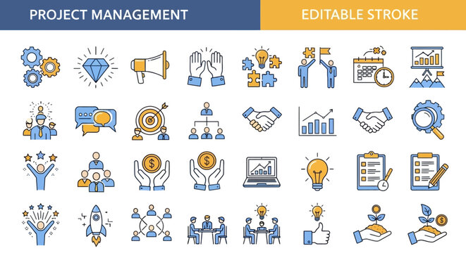 Project Management Icons Editable Stroke Collection for Business and Strategy