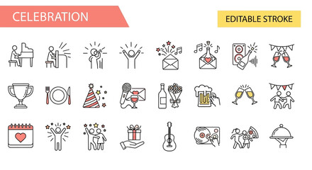 A versatile collection of sleek celebration and party event line icons. Vector symbols for festivals, holidays, and anniversary designs with editable strokes